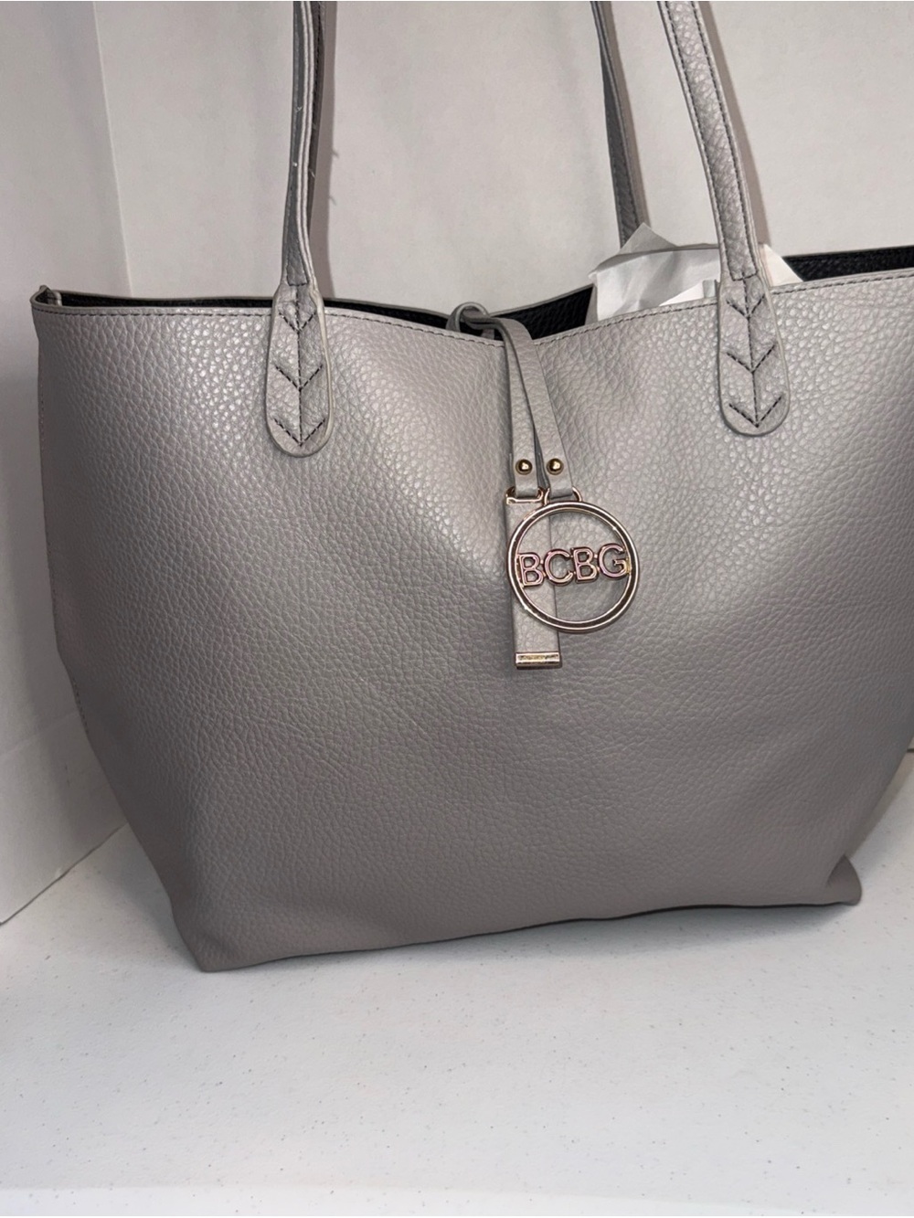 BCBG Taupeish gray pebbled Leather Tote Bag
